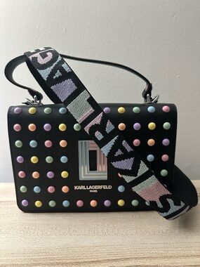 Karl Lagerfeld Black Shoulder Bag with Pastel Studs and Branded Strap